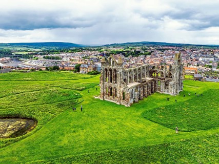 Whitby Abbey over River Esk from a drone, North Yorkshire, England, United Kingdom