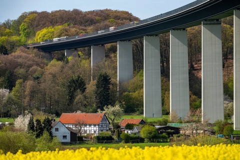 Long traffic jam on the Mintarder Ruhr Valley Bridge, A52 motorway bridge between Essen and