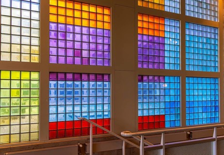 Colourful mosaic glass windows in the foyer of the Berlin State Library, Germany
