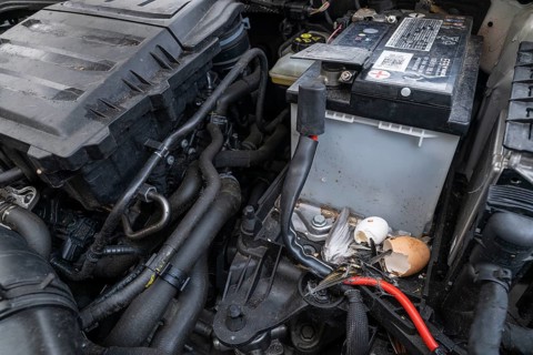 Engine compartment, engine of a passenger car with remains of prey of a stone marten (Martes