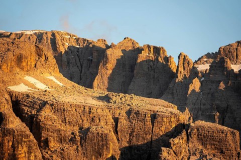 Detail, rocks and mountain peaks of the Brenta Mountains, evening mood with alpine glow, Brenta,