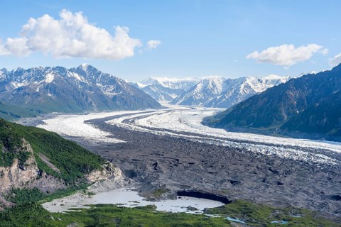 View of impressive mountain landscape with Matanuska glacier and glaciated mountain peaks, Lion's