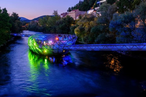 Murinsel, at dusk, architect Vito Acconci, river Mur, Graz, Styria, Austria