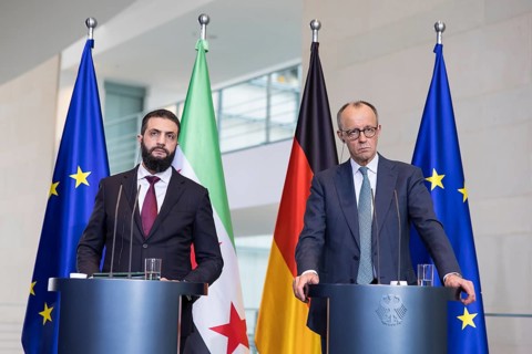 Ahmed al-Sharaa (President of the Syrian Arab Republic) and Friedrich Merz (Chancellor of the