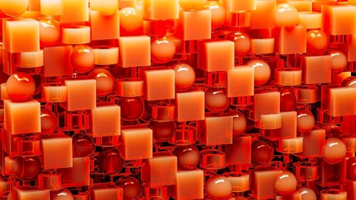 An engaging array of 3D geometric shapes in fiery orange tones combines spheres and cubes, creating