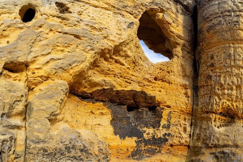 Klusfelsen, sandstone rock formation in Goslar near Halberstadt on the edge of the Harz Mountains,