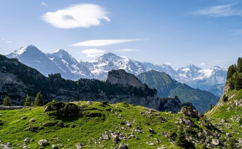 Picturesque mountain landscape, glaciated mountain peaks Eiger Mönch and Jungfrau, Schynige Platte,