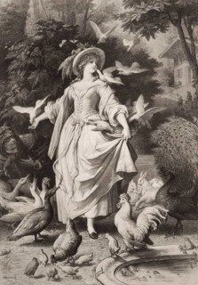 Lili feeding pigeons, Lili's Park, poem by Johann Wolfgang von Goethe, after Wilhelm von Kaulbach