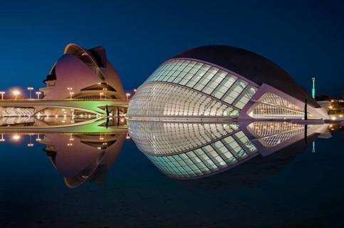 An evening view of the iconic City of Arts and Sciences in Valencia, Spain, showcasing the