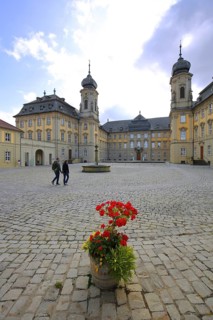 Inner courtyard of baroque castle, Werneck, flower decoration, Lower Franconia, Franconia, Bavaria,