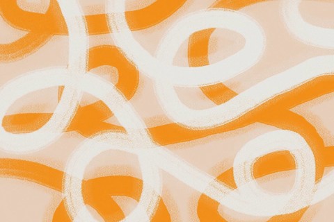 A dynamic abstract design with bold orange and white swirling curves against a soft beige