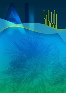 A vividly colored digital background featuring abstract AI lettering and electronic circuit motifs