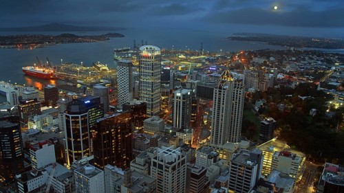 New Zealand, view of Auckland from Skytower, city, skyscrapers, blue hour, lights, Auckland, New