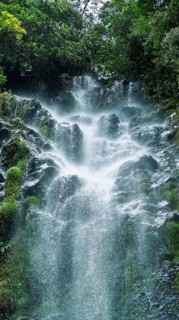 A vibrant waterfall cascades over jagged rocks, engulfed in a misty spray, amidst dense green