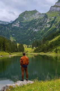 A person stands on a rock overlooking a calm lake surrounded by lush, green mountains and evergreen