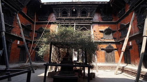 An intimate courtyard, Kumari Ghar at Durbarsquare in Kathmandu with detailed historic building