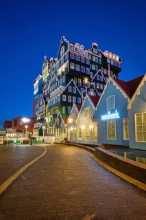 ZAANDAM, NETHERLANDS, MAY 8, 2017: Inntel Hotel in Zaandam illuminated at night. Design of