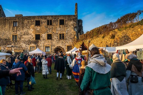 Medieval Christmas market, sunset, Burkheim, Vogtsburg, Kaiserstuhl, Baden-Württemberg, Germany