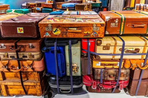 Luggage maze, historic suitcases, FENIX, museum about migration, in a historic warehouse in
