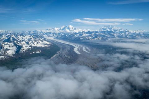 Kahlitna Glacier, Mt Foraker and Mt Denali or Mount McKinley, aerial view, Alaska Range, Denali