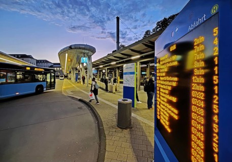Bus station in the early morning right next to Wuppertal main station, public transport connection,