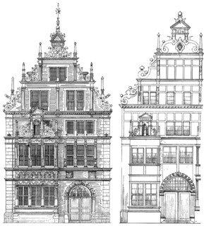 Historical architectural illustration from the 19th Century, 1875, building facades in the Weser