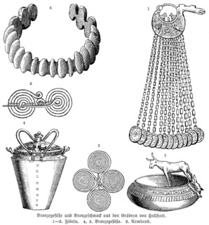 Vessels and jewellery from graves of the Hallstatt cemetery, hanging brooch (1), brooches or