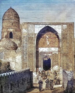 Police station at the gate of the mosque in Shad Zindeh, Samarkand, Samarqand, coloured wood
