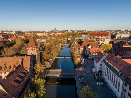 Aerial view of Nuremberg's old town with the Pegnitz river and the hay bridge, on the left the