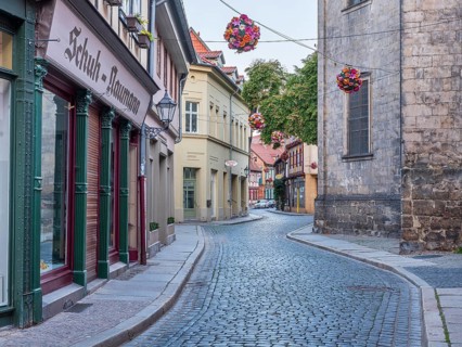 Alley at St. Blasii church in the historic old town at dawn, UNESCO World Heritage Site,