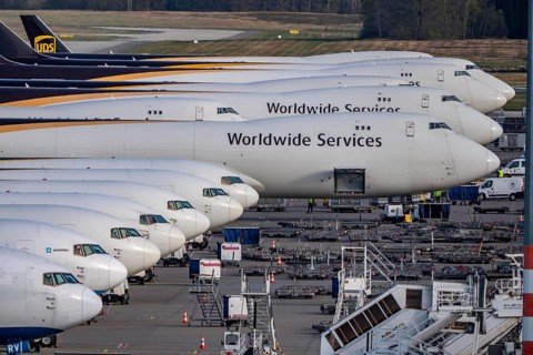 Cologne-Bonn airport, CGN, air freight center, UPS logisic hub, UPS cargo aircraft on the apron, at