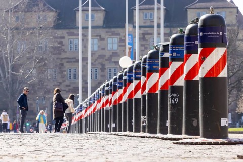 State elections in Baden-Württemberg. Access barriers to Schlossplatz in front of the New Palace.