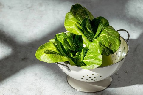 Fresh and vibrant bok choy leaves sit in a white colander, glistening under natural sunlight. The