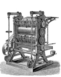 Calender, a system of several heated and polished steel rollers arranged on top of each other,
