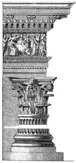 Corinthian column, floral ornaments, depiction of man, woman, bull, ancient Greeks, historical