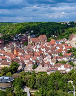 Town view of Schwäbisch Hall. View of the sights of the old town with the parish church of St