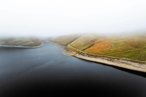 Autumn over Claerwen Dam, Claerwen Valley, Elan Valley Reservoir, Rhayader, Powys, Wales, UK