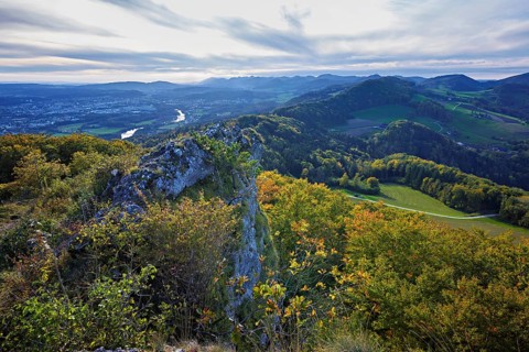 View from the Gisliflue of an autumnal forest with the Jura foothills behind, Talheim, Canton,