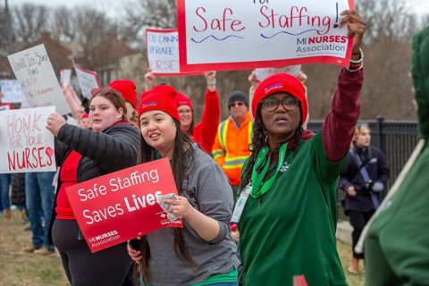 Lapeer, Michigan USA, 10 April 2026, Members of the Michigan Nurses Association rally as their