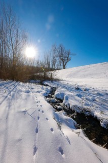 Bochum, North Rhine-Westphalia, Germany - Sunny winter landscape in the Ruhr area, ice and snow on