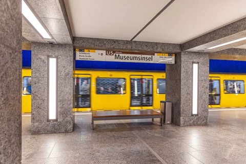 Museumsinsel subway station on line U5 with subway. Berlin, Germany