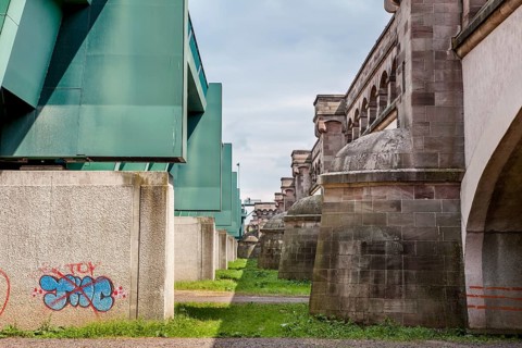 The old and new canal bridge, Minden Aqueduct, Minden, North Rhine-Westphalia, Germany