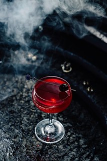 A deep red berry infused gin cocktail with floral notes and sparkling wine splashes, elegantly