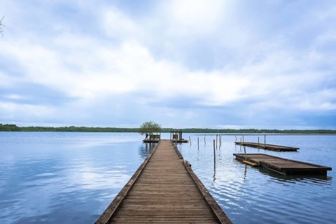 Lake azur in landes, france, features a long wooden pier with a small tree and benches at its end,