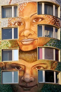 Wall painting Faces by Klaus Klinger on an apartment block, street art, Düsseldorf, North