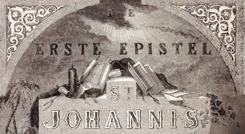 Introductory picture, the First Epistle of Saint John, letter, scrolls, rays of light in the sky,
