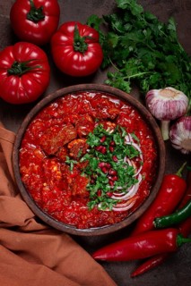 Chashushuli, a traditional Georgian dish, spicy, stewed meat with tomatoes and spices, homemade, no