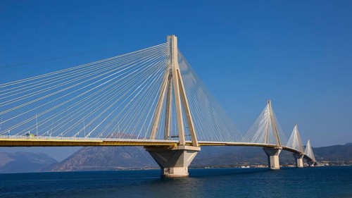 Detailed architecture of a bridge stretching across the sea, Rio-Antirrio cable car bridge, Patras,