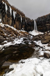 Waterfall, stream, basalt columns, snow, winter, Svartifoss, Iceland, Scandinavia