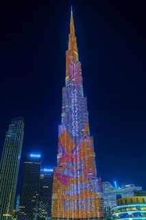 Night shot, illuminated advertising at the Burj Khalifa, Downtown, Dubai, United Arab Emirates